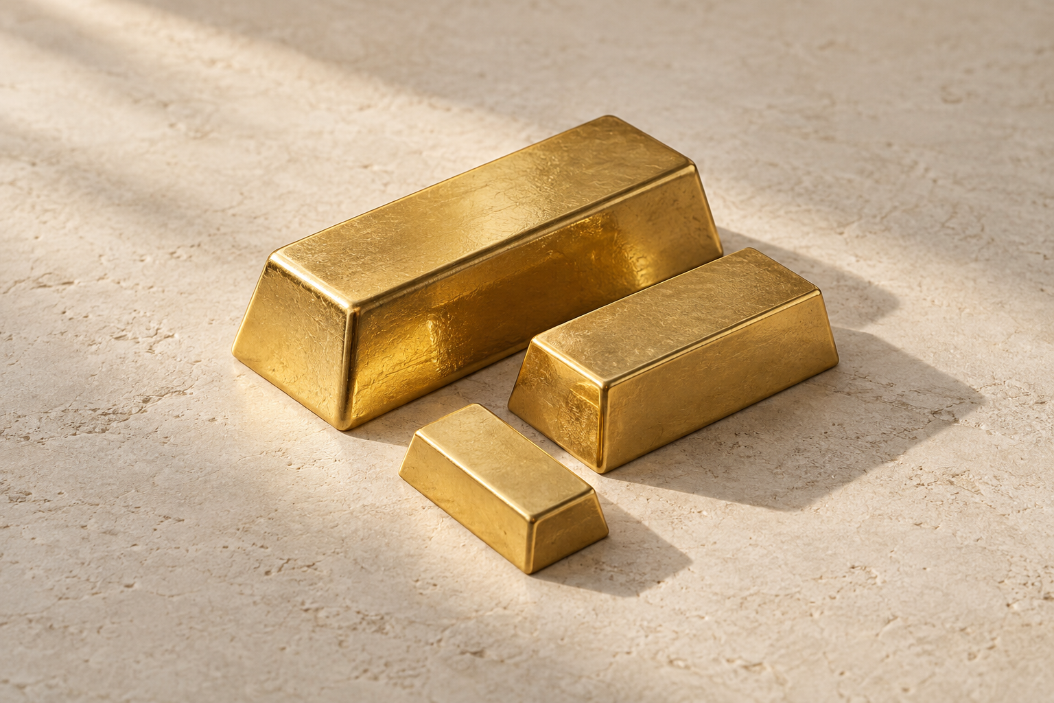 Three unbranded gold bullion bars on limestone